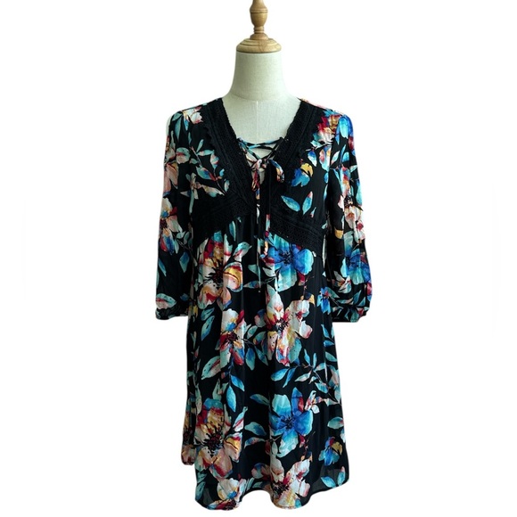 As U Wish Black and Aqua Multi Color Floral Tie Front Mini Dress Size Small NWT - Picture 1 of 10